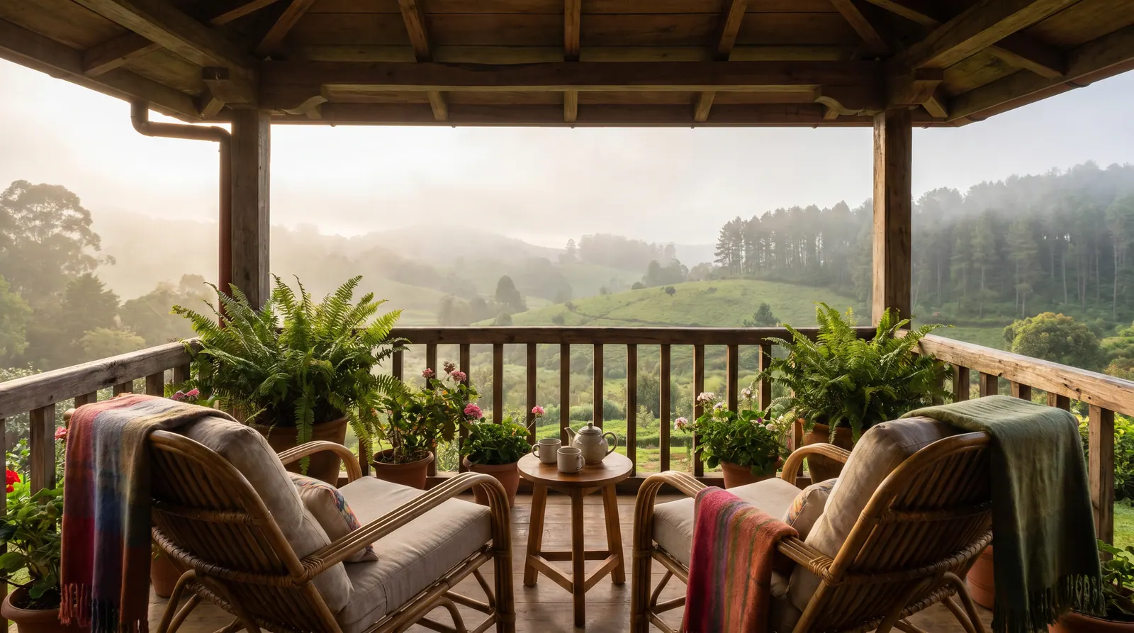 A cozy covered veranda with lounge chairs overlooking misty Kodaikanal hills