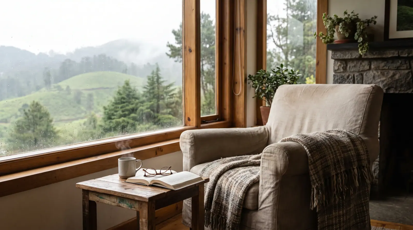 A cozy fireside reading corner with a throw and a hot drink, misty hills beyond the window