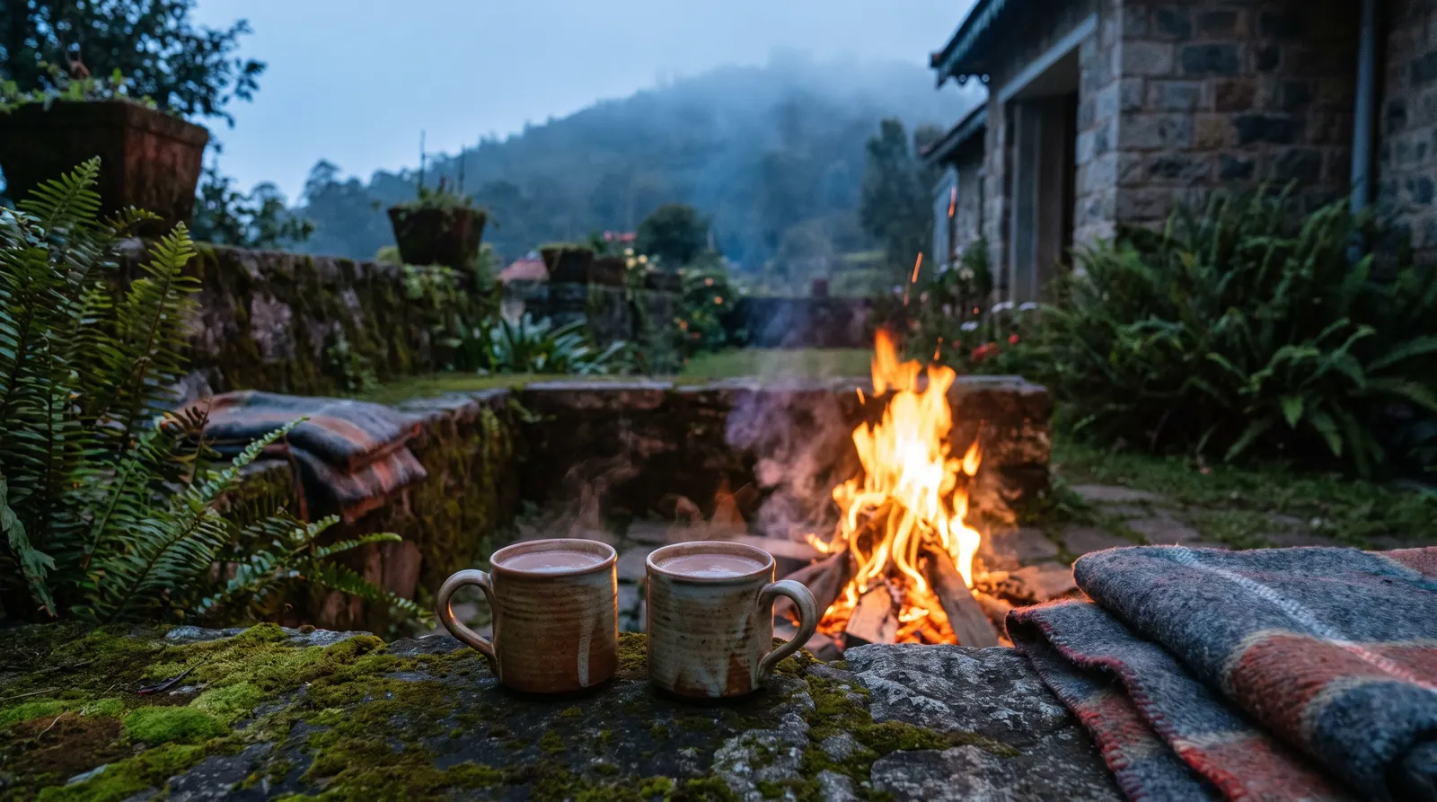 Two mugs of hot chocolate beside a bonfire on a cool, misty hill evening