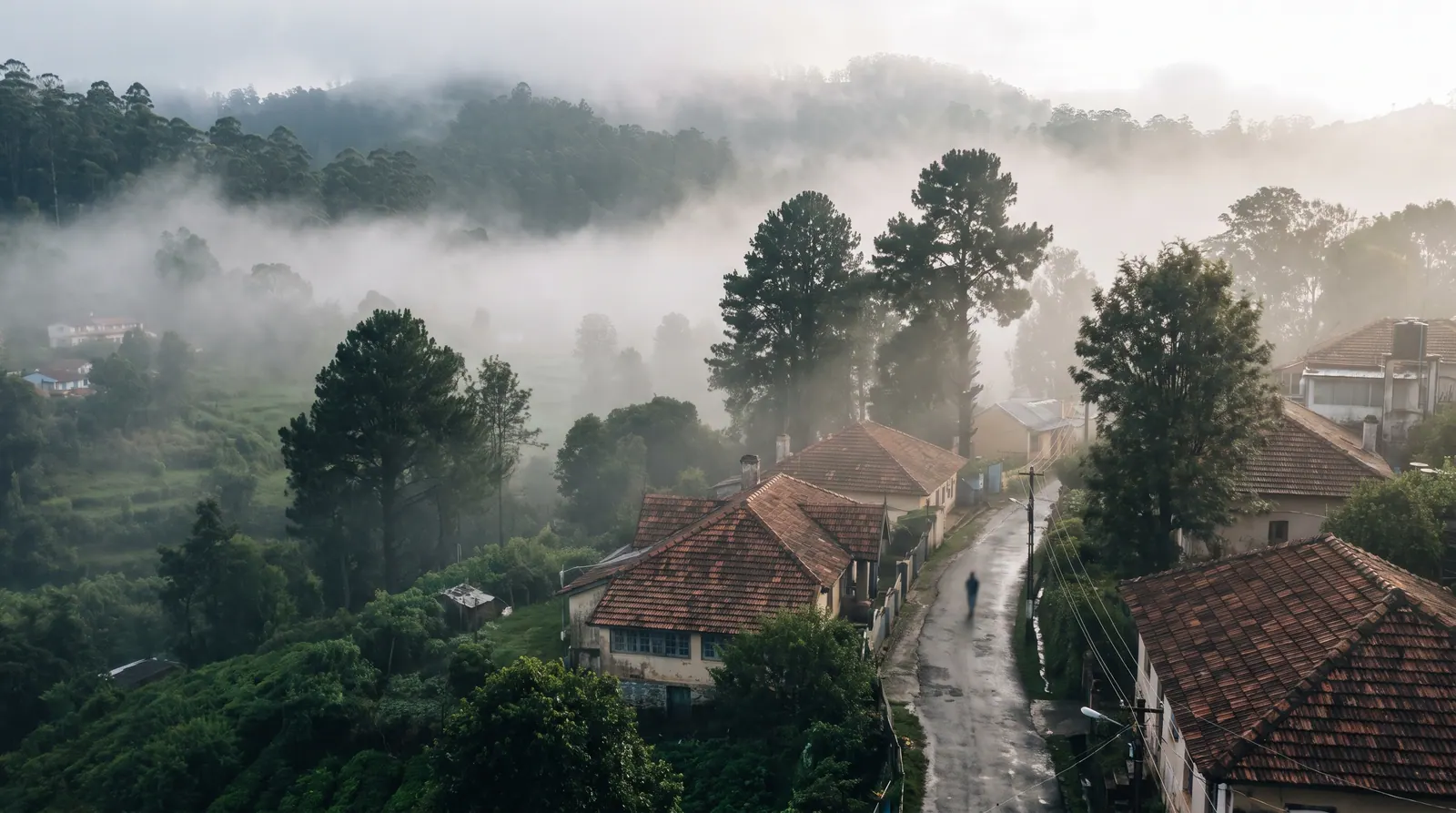 A quiet misty morning over a Kodaikanal hill town, tiled rooftops among the trees