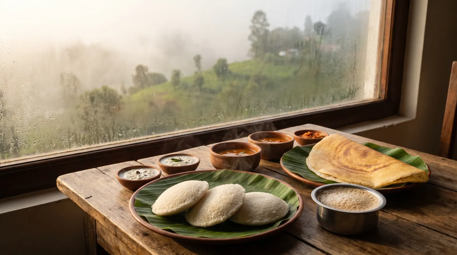 A steaming South Indian breakfast by a misty window in a Kodaikanal hill cafe