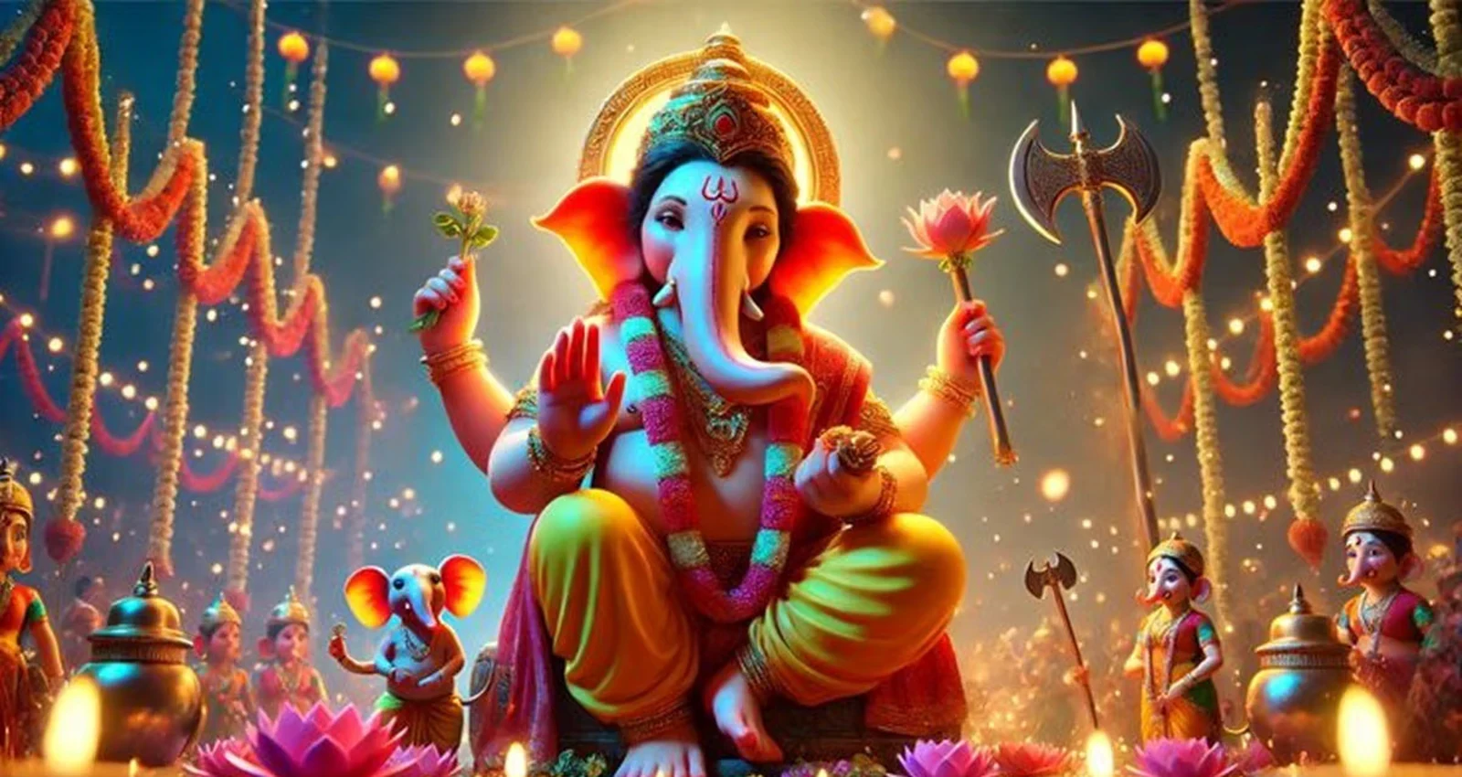 A decorated Ganesha idol among marigold garlands, lotus flowers and lit oil lamps