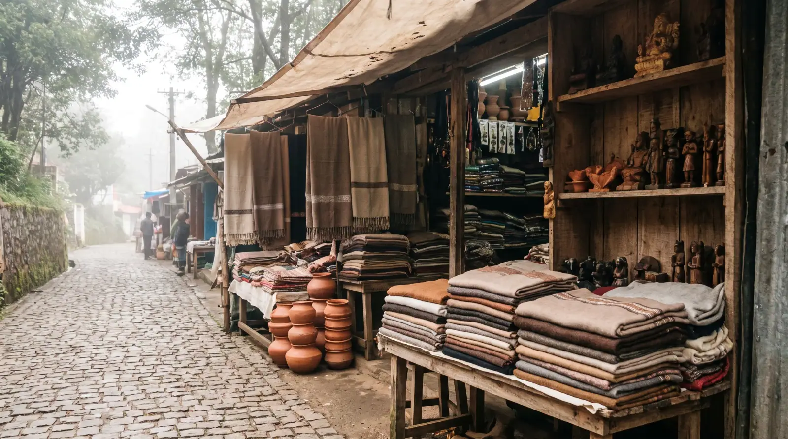 A hill-town craft stall with handwoven shawls, pottery and wooden crafts