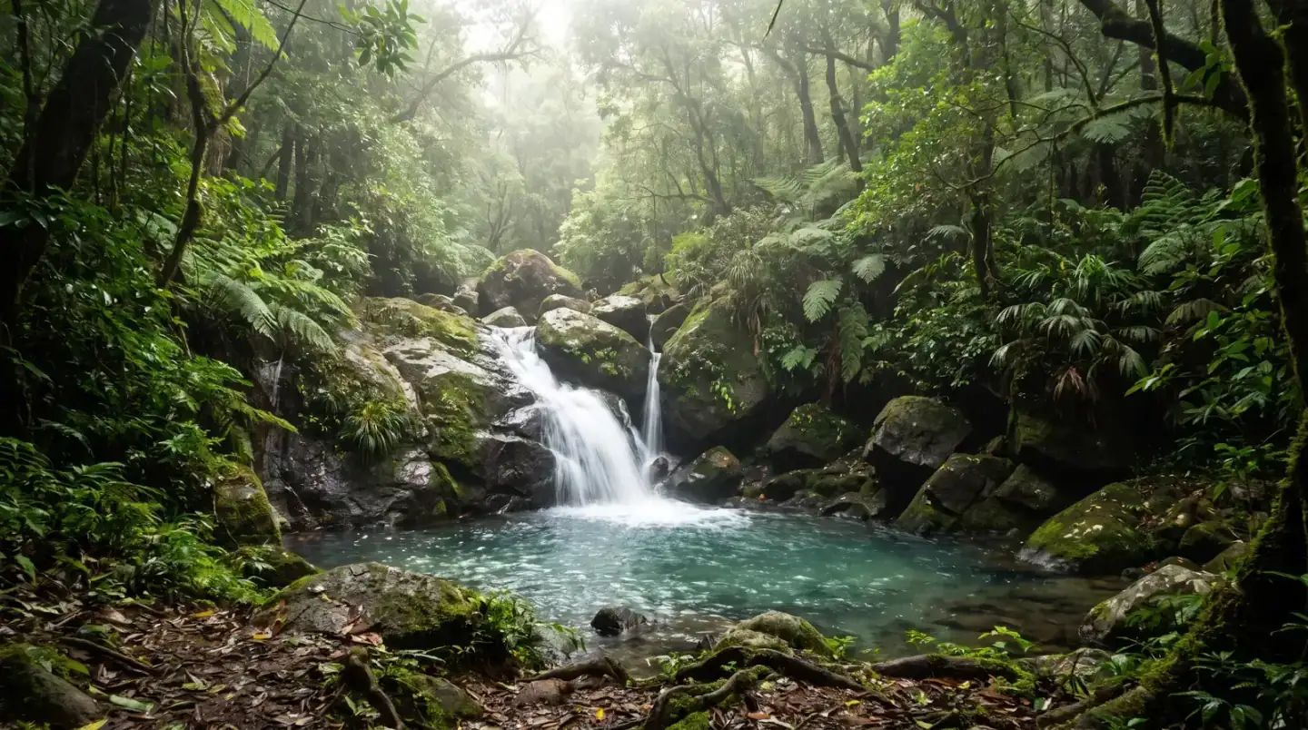 A hidden waterfall over mossy rocks in dense green forest near Kodaikanal