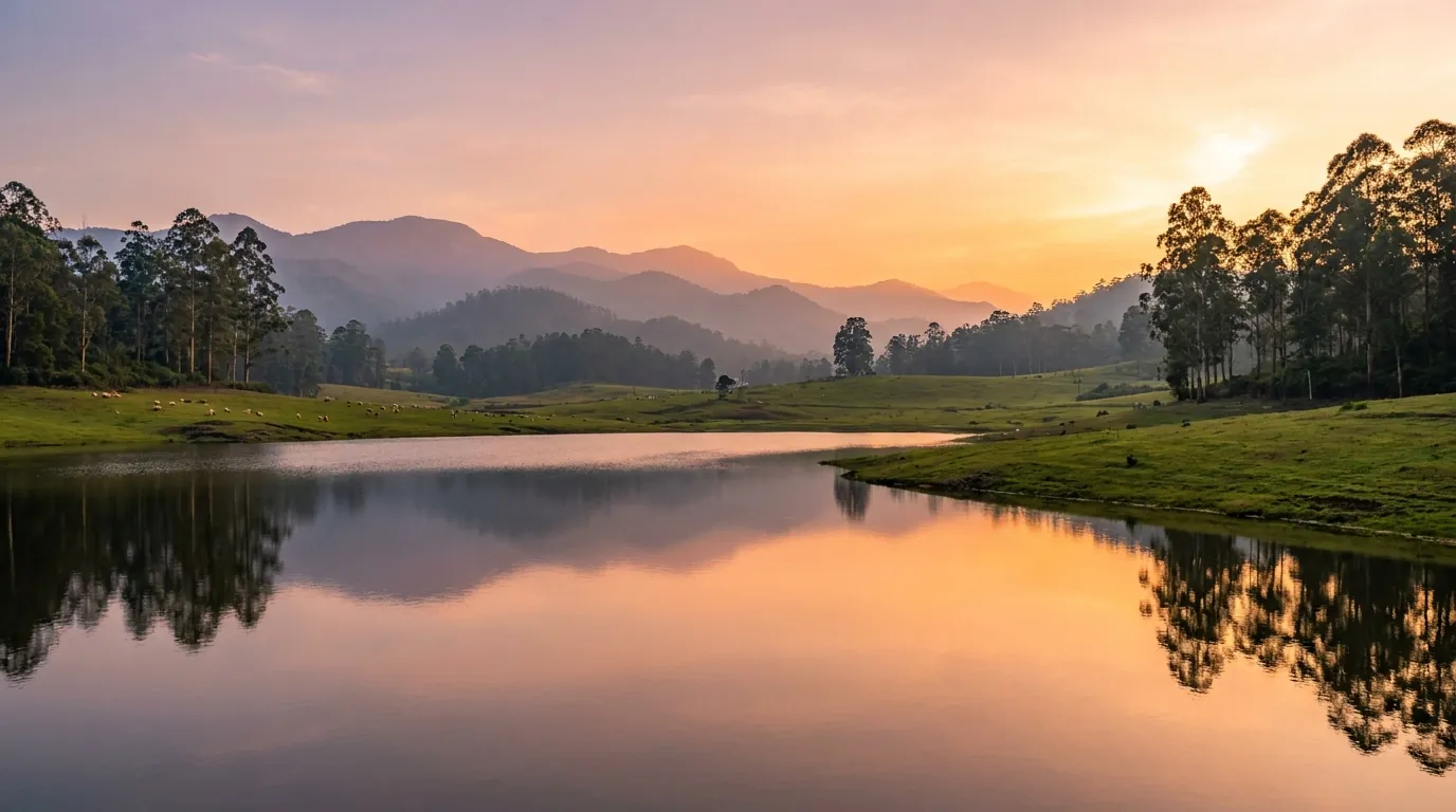 A calm high-altitude lake ringed by green meadows and eucalyptus trees under a soft sky in the Kodaikanal hills