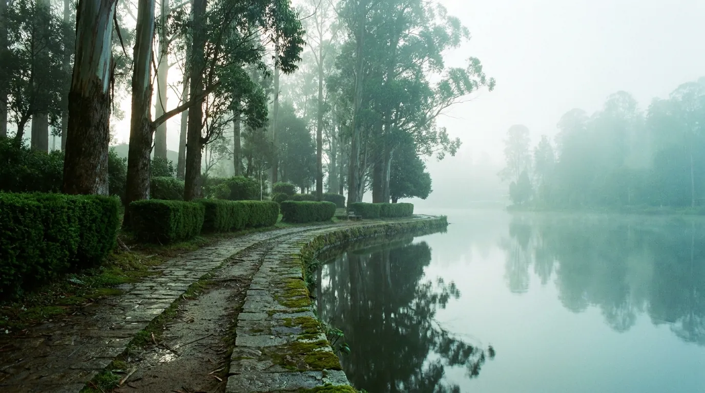 An empty misty stone promenade curving along a calm hill lake at dawn in Kodaikanal
