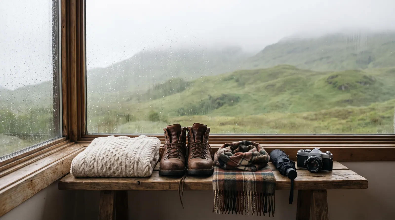 Warm layers, boots and a scarf on a bench by a misty, rain-streaked hill window