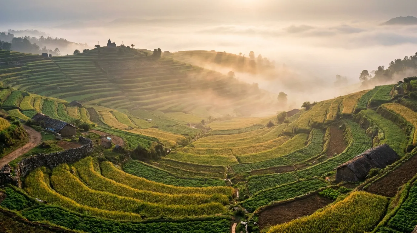 A dawn viewpoint over stepped green terraced farms descending into a misty valley in a Kodaikanal hill village