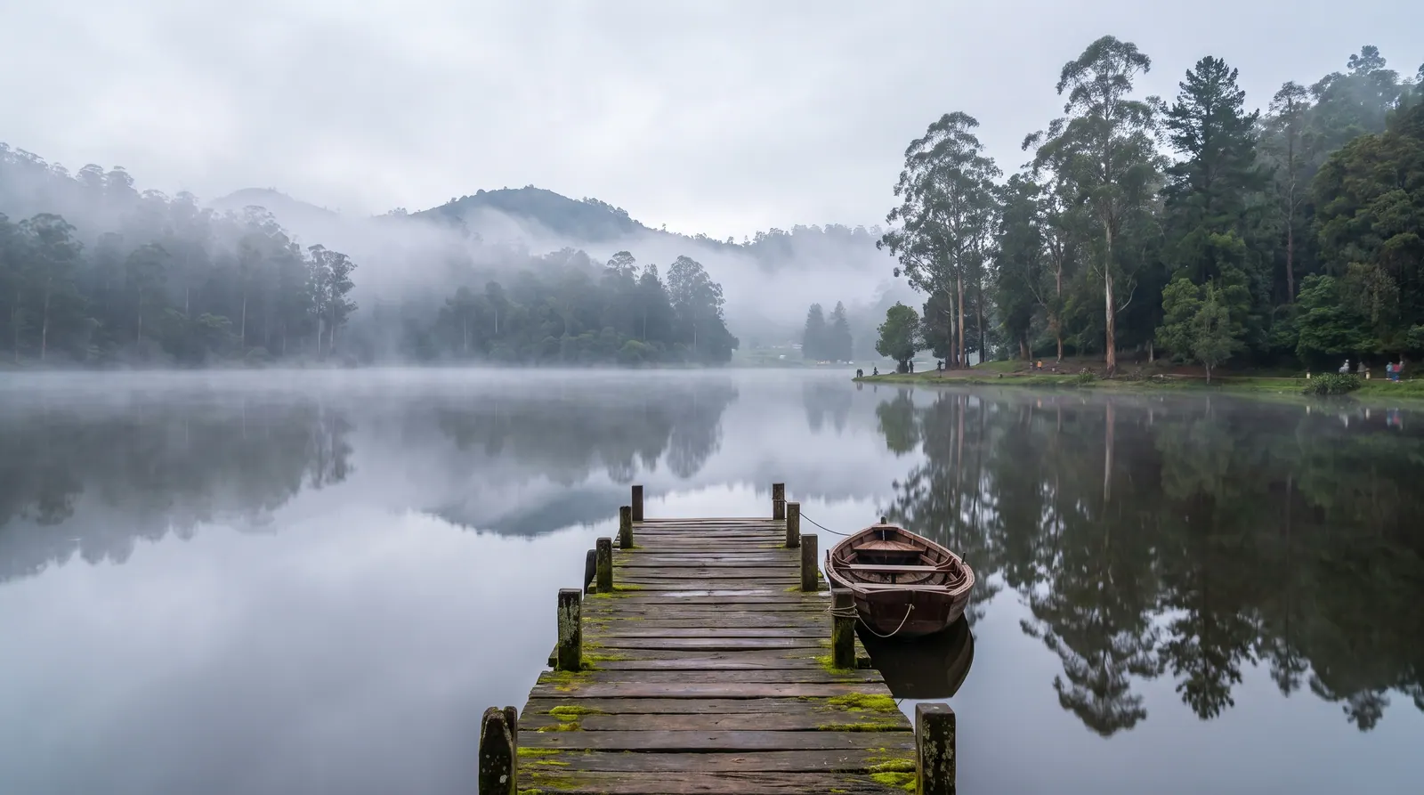 A calm misty lake with a wooden jetty and a rowboat in the Kodaikanal hills