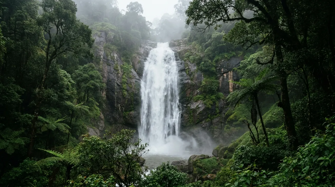 A tall forest waterfall over dark rock, framed by green shola forest in the misty Palani Hills near Kodaikanal