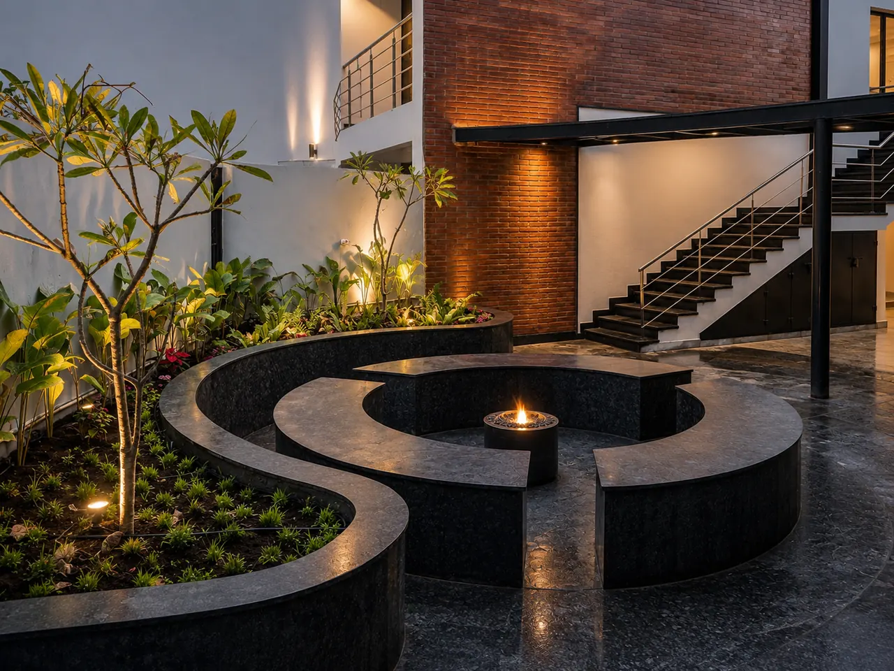 The courtyard at dusk, with a curved stone planter, a small fire and steps up to the rooms