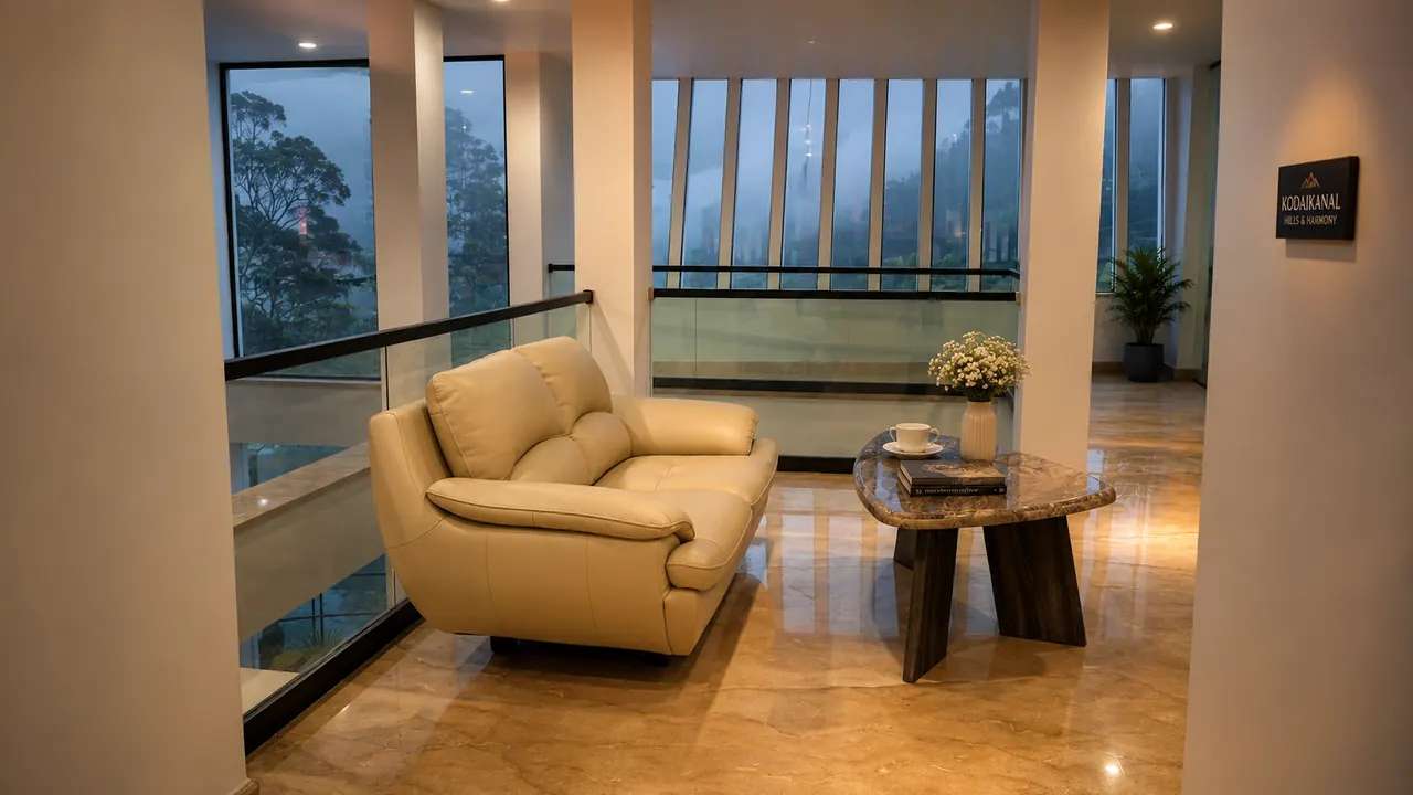 A quiet indoor lounge with a cream sofa and a low wood table by tall windows
