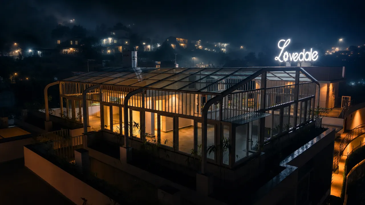 The glass-roofed rooftop terrace glowing at night beneath the Lovedale sign