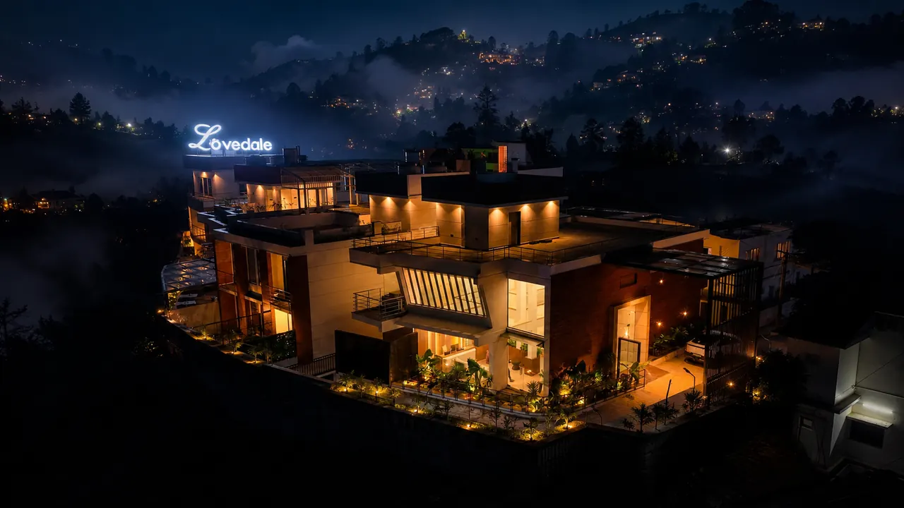The Lovedale lit warmly at night, its sign glowing above the misty valley