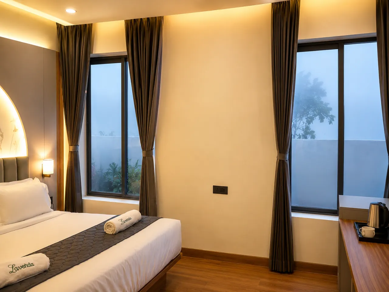 A king room with tall curtained windows and warm bedside lamps
