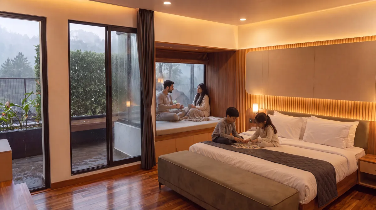 A family relaxing in the cushioned bay-window nook of a warm-wood room at The Lovedale, bed and floor-to-ceiling windows alongside