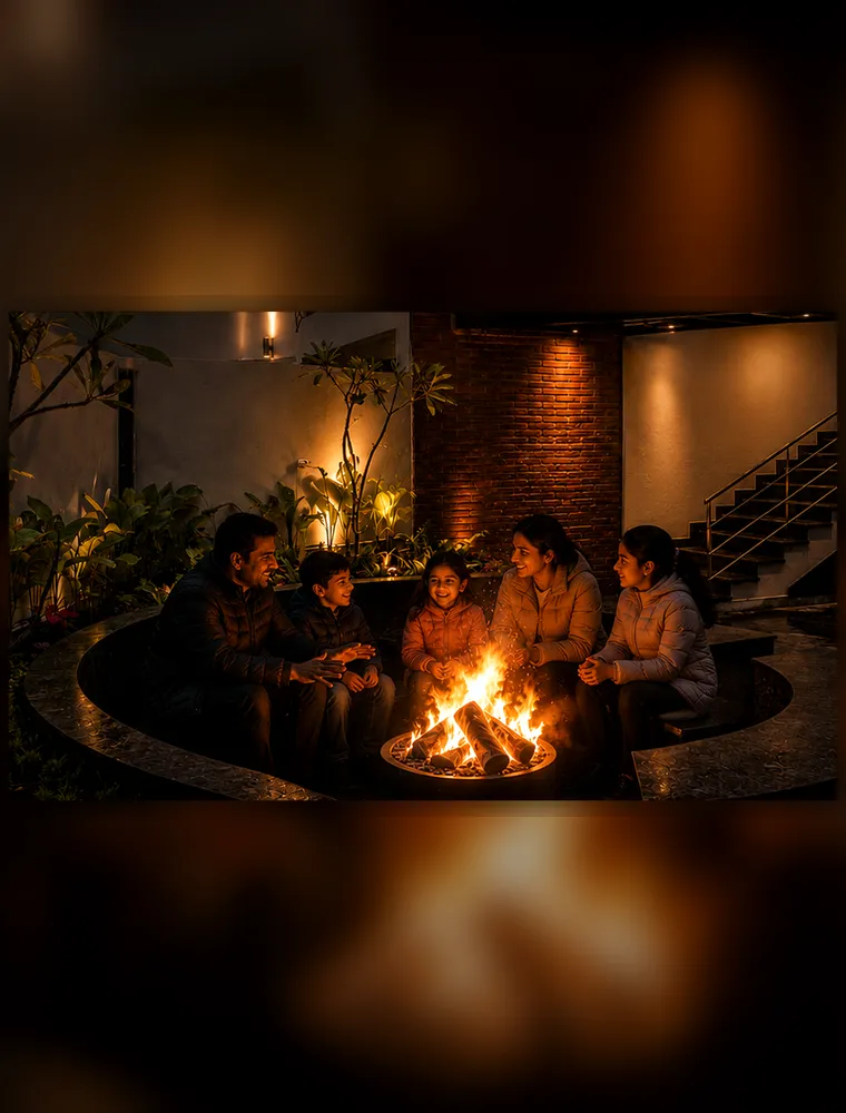Guests gathered around the courtyard bonfire at The Lovedale on a cool evening